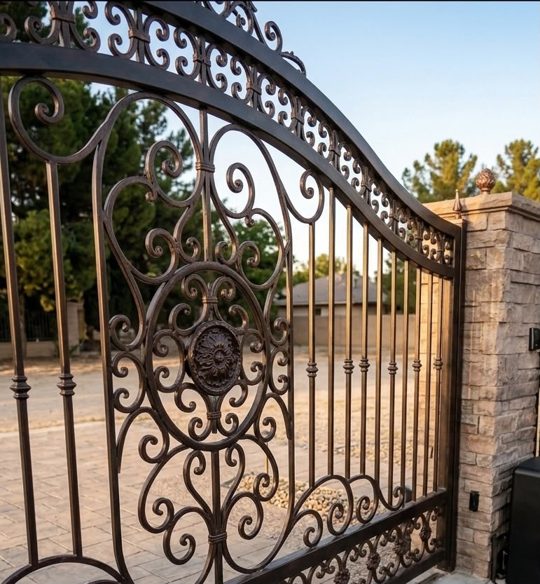 Ornamental iron gate installation